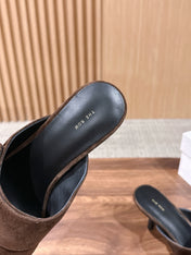 THE ROW 26S BUTTON DETAIL MULE SANDALS IN BROWN SUEDE