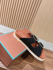 LP 26S DOUBLE BUCKLE SLIDES IN BLACK SUEDE GOLD HARDWARE