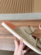 LP 26S DOUBLE BUCKLE SLIDES IN OLIVE BROWN SUEDE GOLD HARDWARE