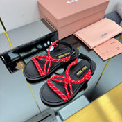 RIVIERE SANDALS IN BLACK CALFSKIN RED CORD