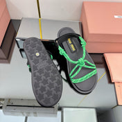 RIVIERE SANDALS IN BLACK CALFSKIN GREEN CORD