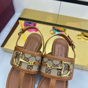 GG FLAT THONG SANDALS WITH ANKLE STRAP IN BROWN LAMBSKIN AND BEIGE FABRIC