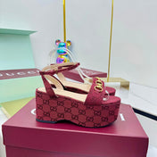 GG WEDGE HEELS IN RED FABRIC AND CALFSKIN WITH GOLD HARDWARE STYLE 2