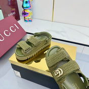 GG SANDALS 25S IN MOSS GREEN CROCHET COTTON FABRIC