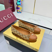 GG BALLET FLATS 25S IN BROWN LAMBSKIN MIX BEIGE CANVAS WITH BOW