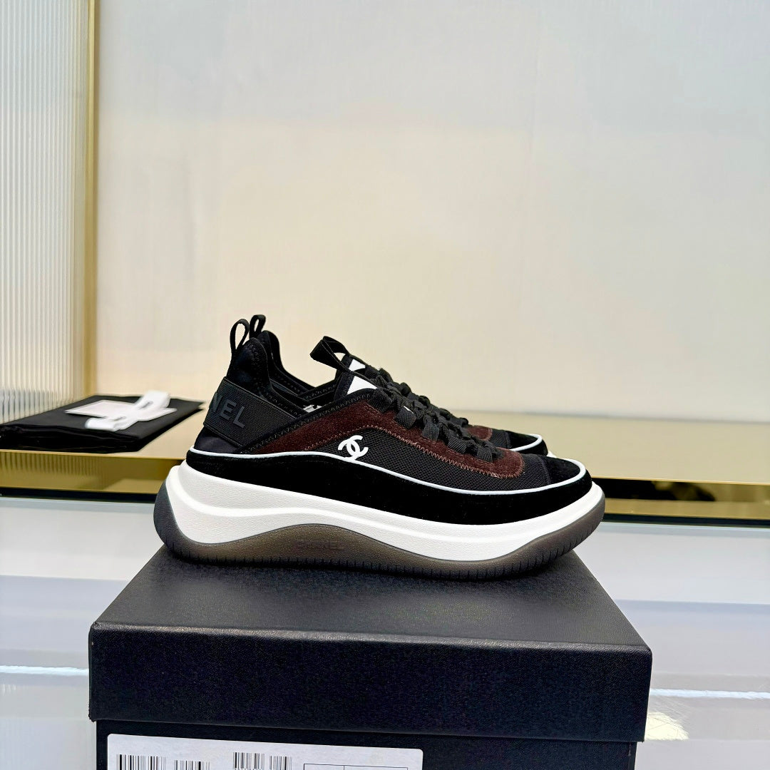 CHANEL 26S PLATFORM SNEAKERS IN BLACK MIX BROWN SUEDE AND FABRIC WITH CC