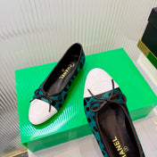 CHANEL 26S FLAT SHOES IN TEAL AND BLACK LEOPARD PRINT PONY HAIR