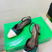 CHANEL 26S FLATS SLINGBACK SHOES IN WHITE PATENT CALFSKIN WITH TEAL PONY HAIR