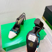 CHANEL 26S SLINGBACK SHOES 70MM IN WHITE PATENT WITH TEAL LEOPARD PRINT