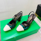 CHANEL 26S SLINGBACK SHOES 70MM IN WHITE PATENT WITH TEAL LEOPARD PRINT