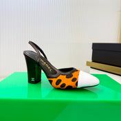 CHANEL 26S HIGH-HEEL SLINGBACKS 70 MM IN WHITE PATENT CALFSKIN WITH ORANGE PONY HAIR