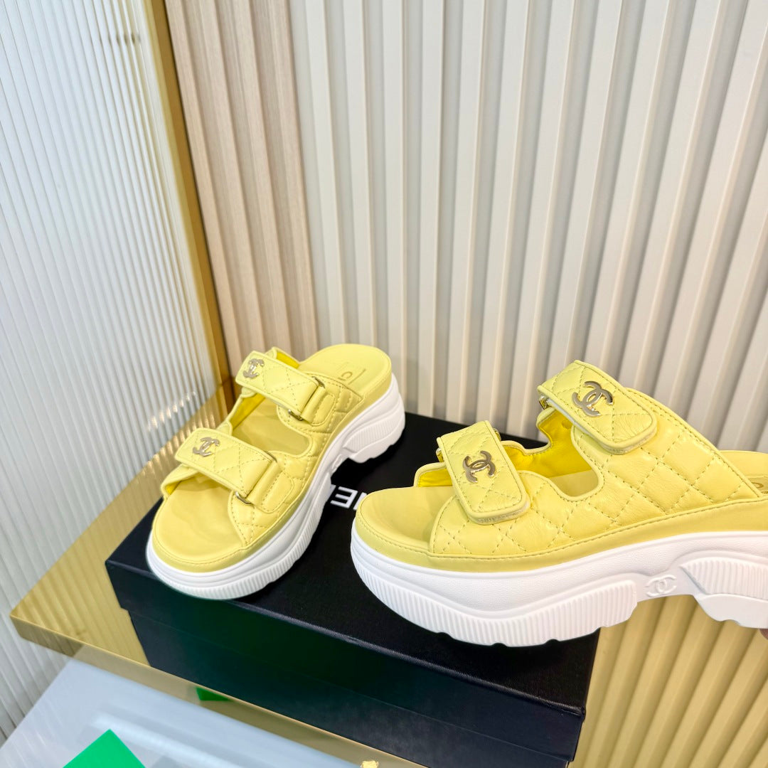 CHANEL 26S PLATFORM SANDALS IN YELLOW LAMBSKIN