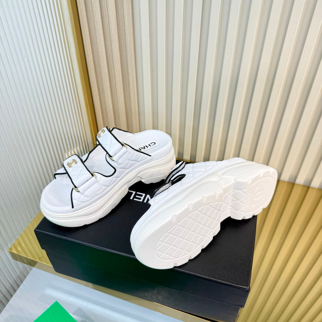 CHANEL 26S PLATFORM SANDALS IN WHITE MIX BLACK LAMBSKIN