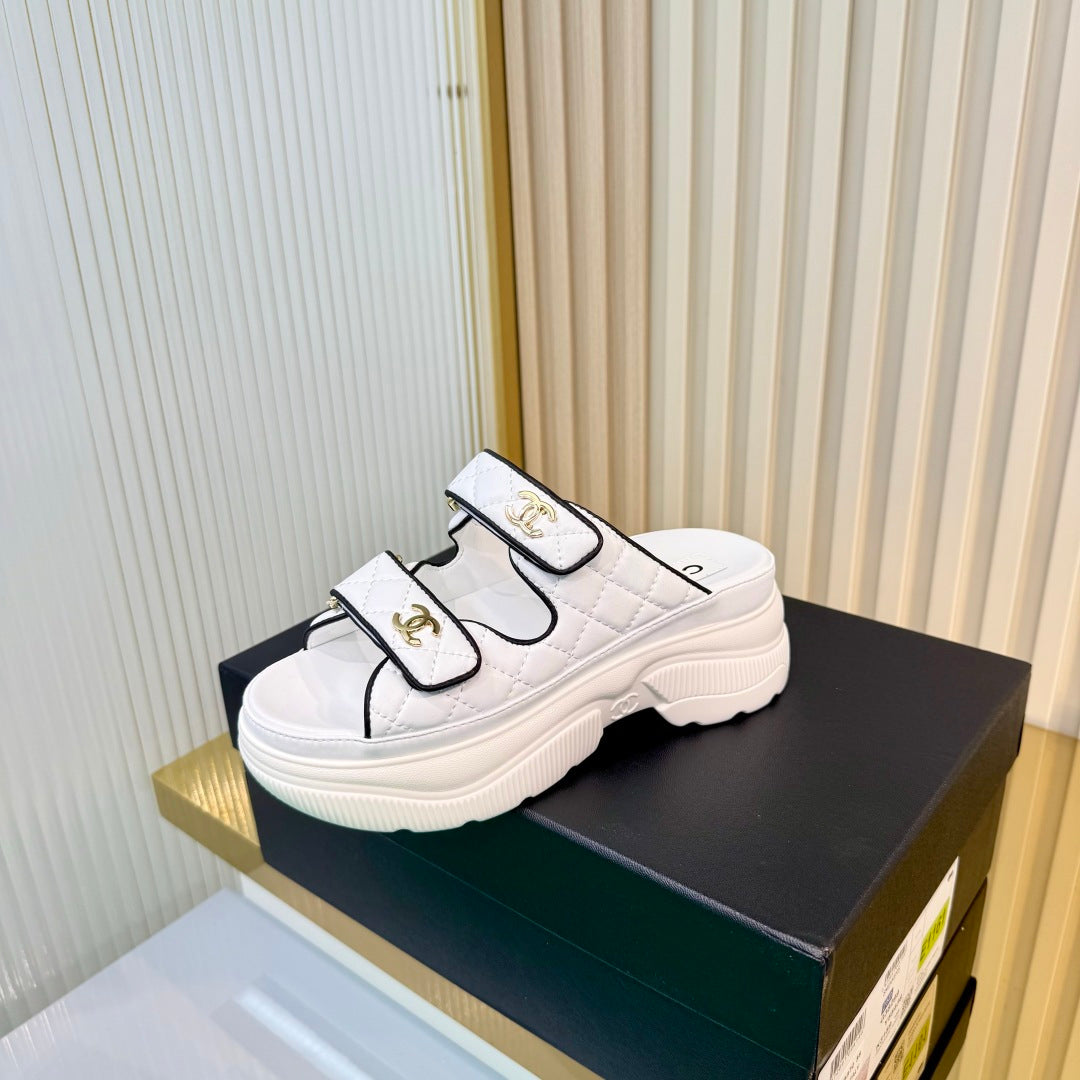 CHANEL 26S PLATFORM SANDALS IN WHITE MIX BLACK LAMBSKIN