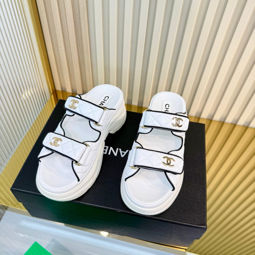 CHANEL 26S PLATFORM SANDALS IN WHITE MIX BLACK LAMBSKIN