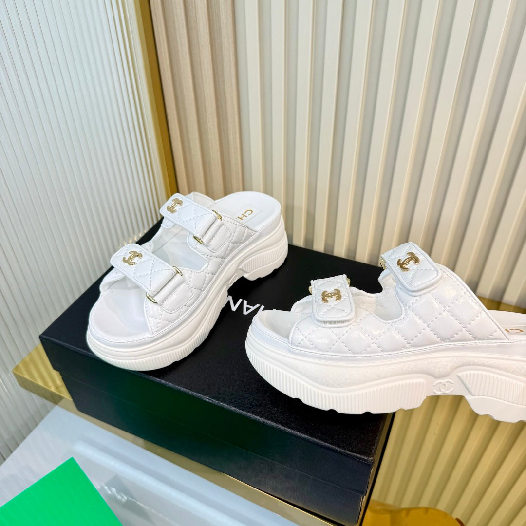 CHANEL 26S PLATFORM SANDALS IN WHITE LAMBSKIN