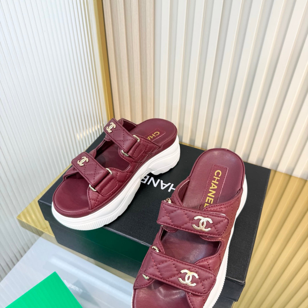 CHANEL 26S PLATFORM SANDALS IN DARK RED LAMBSKIN