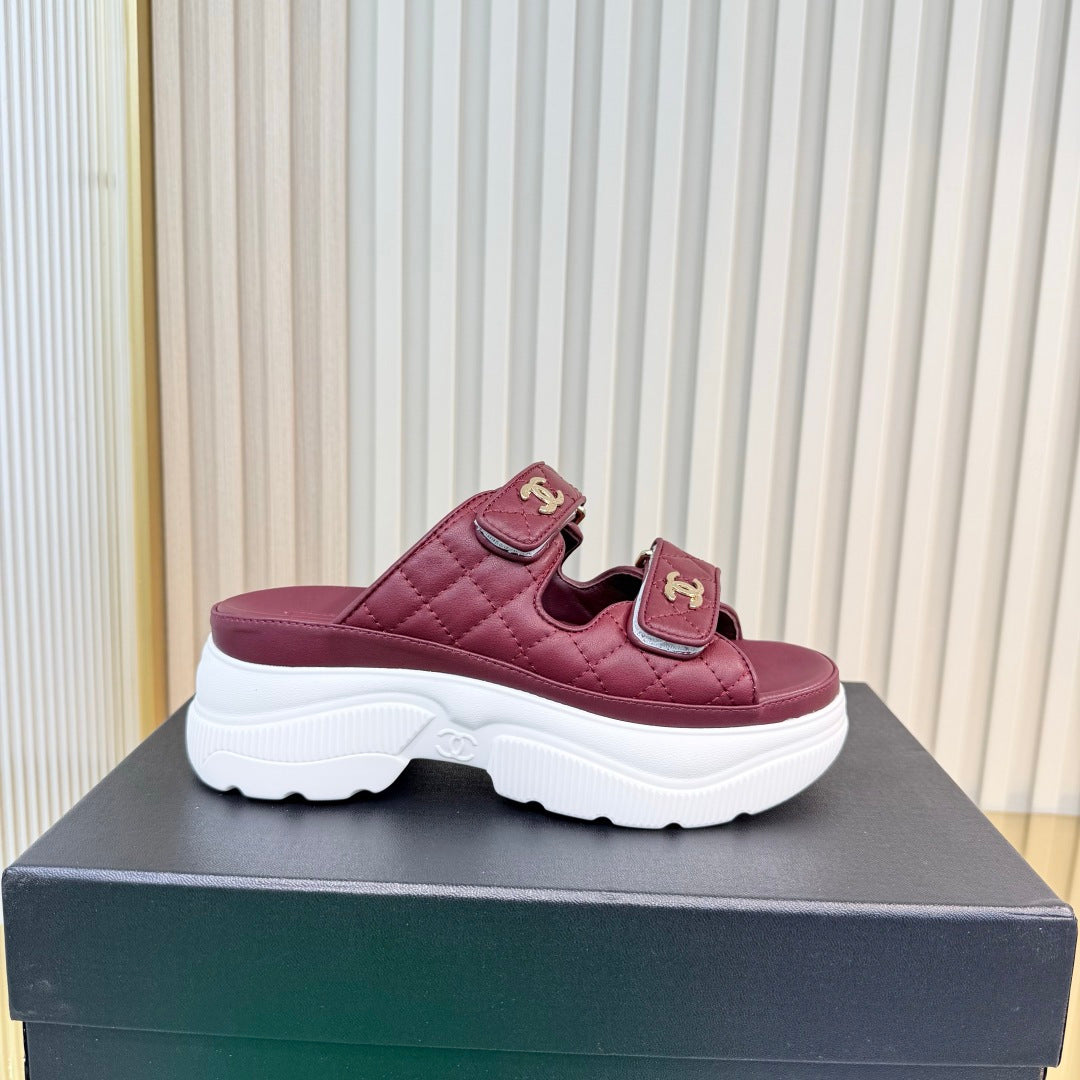 CHANEL 26S PLATFORM SANDALS IN DARK RED LAMBSKIN