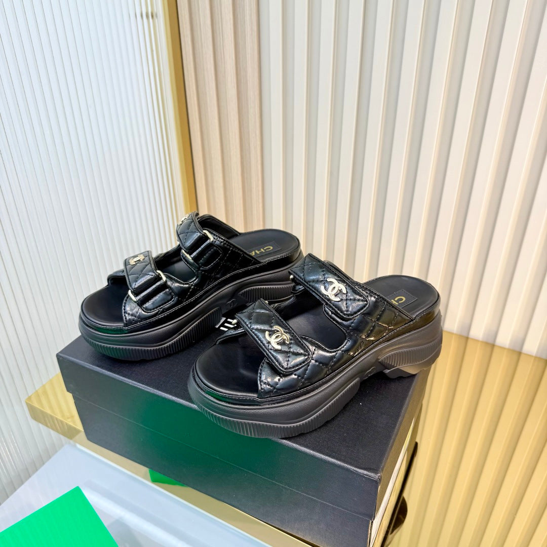 CHANEL 26S PLATFORM SANDALS IN BLACK LAMBSKIN