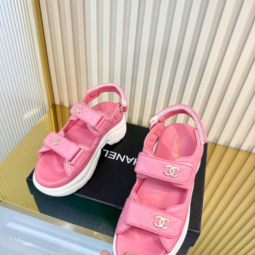 CHANEL 26S PLATFORM VELCRO SANDALS IN LIGHT PINK LAMBSKIN