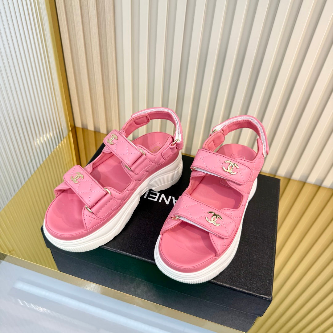 CHANEL 26S PLATFORM VELCRO SANDALS IN LIGHT PINK LAMBSKIN