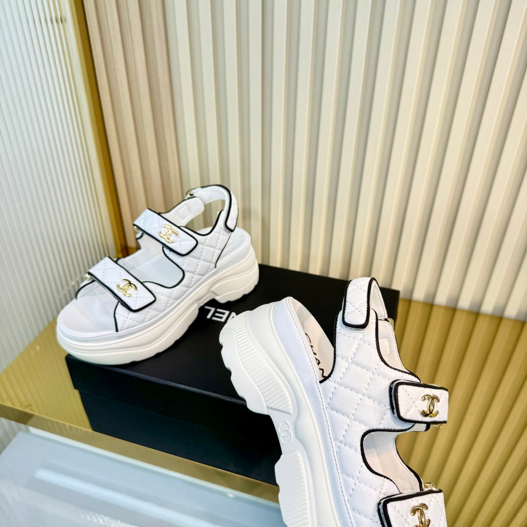 CHANEL 26S PLATFORM VELCRO SANDALS IN WHITE MIX BLACK LAMBSKIN