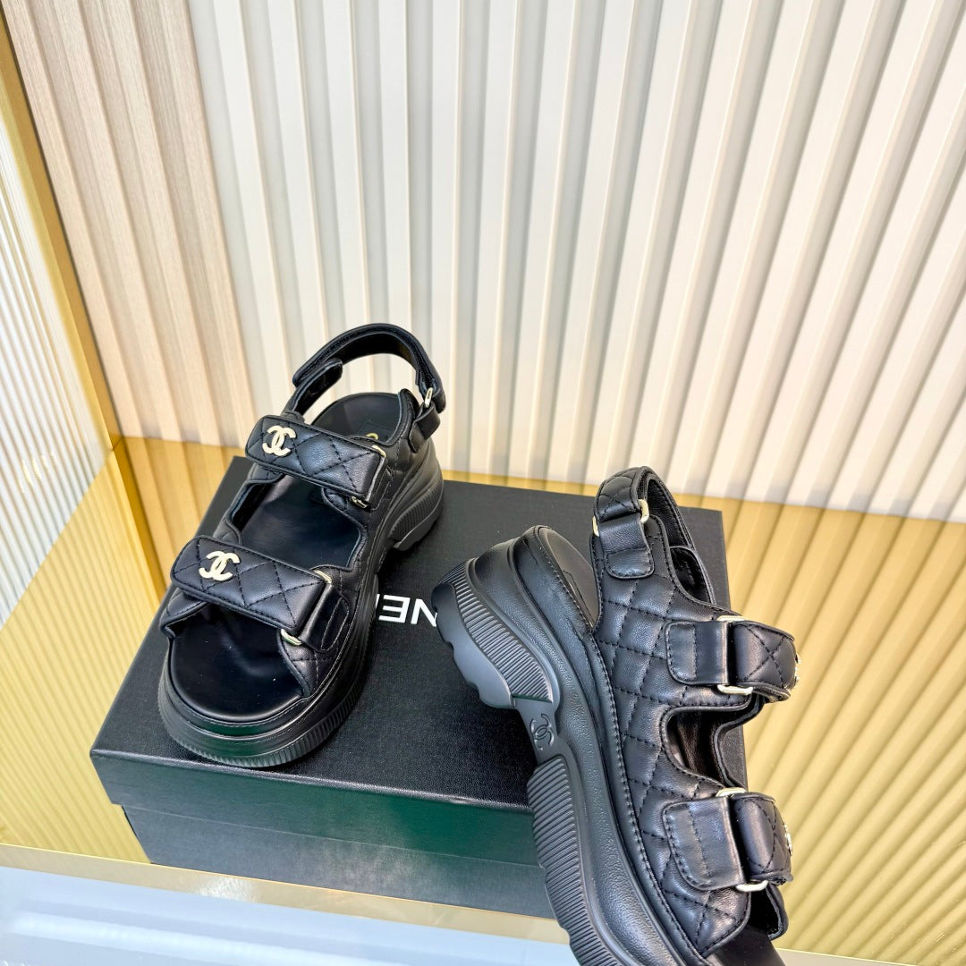 CHANEL 26S PLATFORM VELCRO SANDALS IN BLACK LAMBSKIN