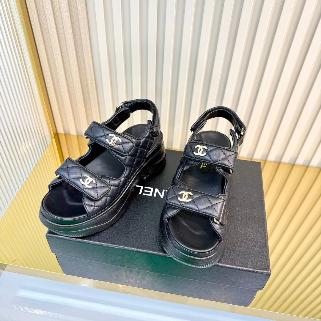 CHANEL 26S PLATFORM VELCRO SANDALS IN BLACK LAMBSKIN