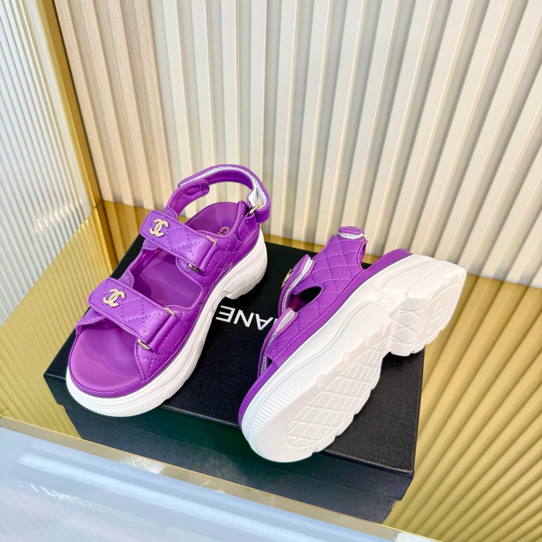 CHANEL 26S PLATFORM VELCRO SANDALS IN PURPLE LAMBSKIN