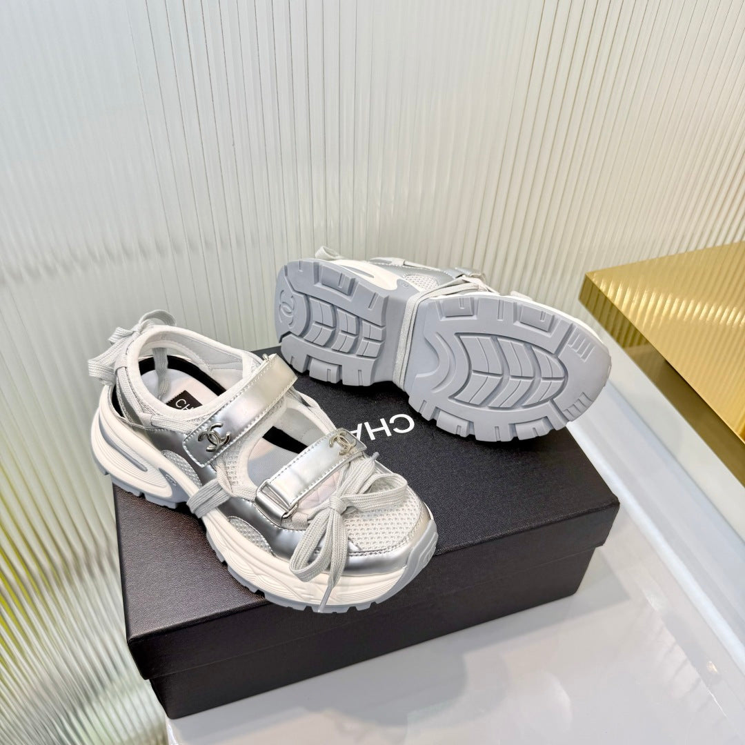 CHANEL 26S VELCRO SNEAKERS IN SILVER CALFSKIN WITH BOW