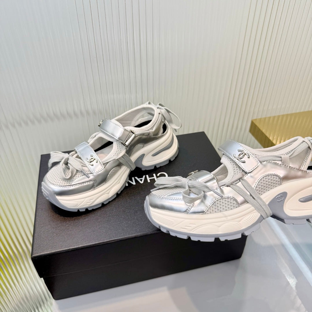 CHANEL 26S VELCRO SNEAKERS IN SILVER CALFSKIN WITH BOW