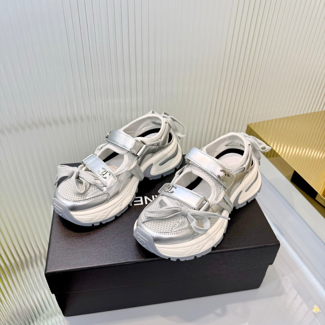 CHANEL 26S VELCRO SNEAKERS IN SILVER CALFSKIN WITH BOW