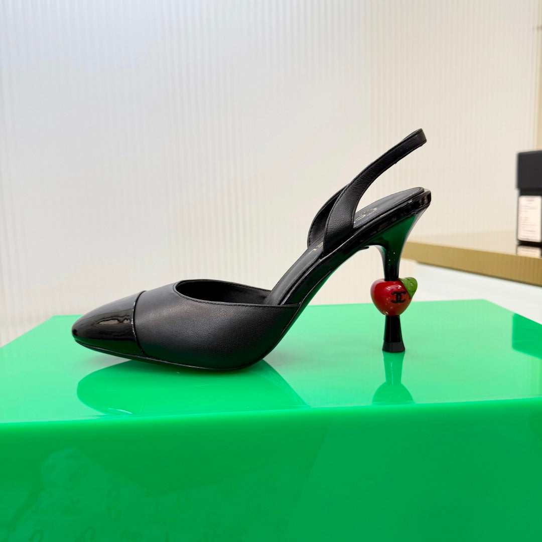 CHANEL 26S SLINGBACK POINTED-TOE HEELS 95 MM IN BLACK LAMBSKIN