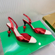 CHANEL 26S SLINGBACK POINTED-TOE HEELS 95 MM IN RED PATENT WITH WHITE CAP TOE