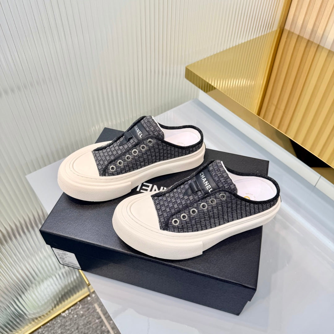 CHANEL 26S MULE SNEAKERS IN BLACK CHECKERED WOVEN DENIM FABRIC STYLE 5