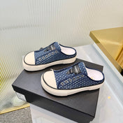 CHANEL 26S MULE SNEAKERS IN NAVY BLUE CHECKERED WOVEN DENIM FABRIC
