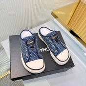 CHANEL 26S MULE SNEAKERS IN NAVY BLUE CHECKERED WOVEN DENIM FABRIC