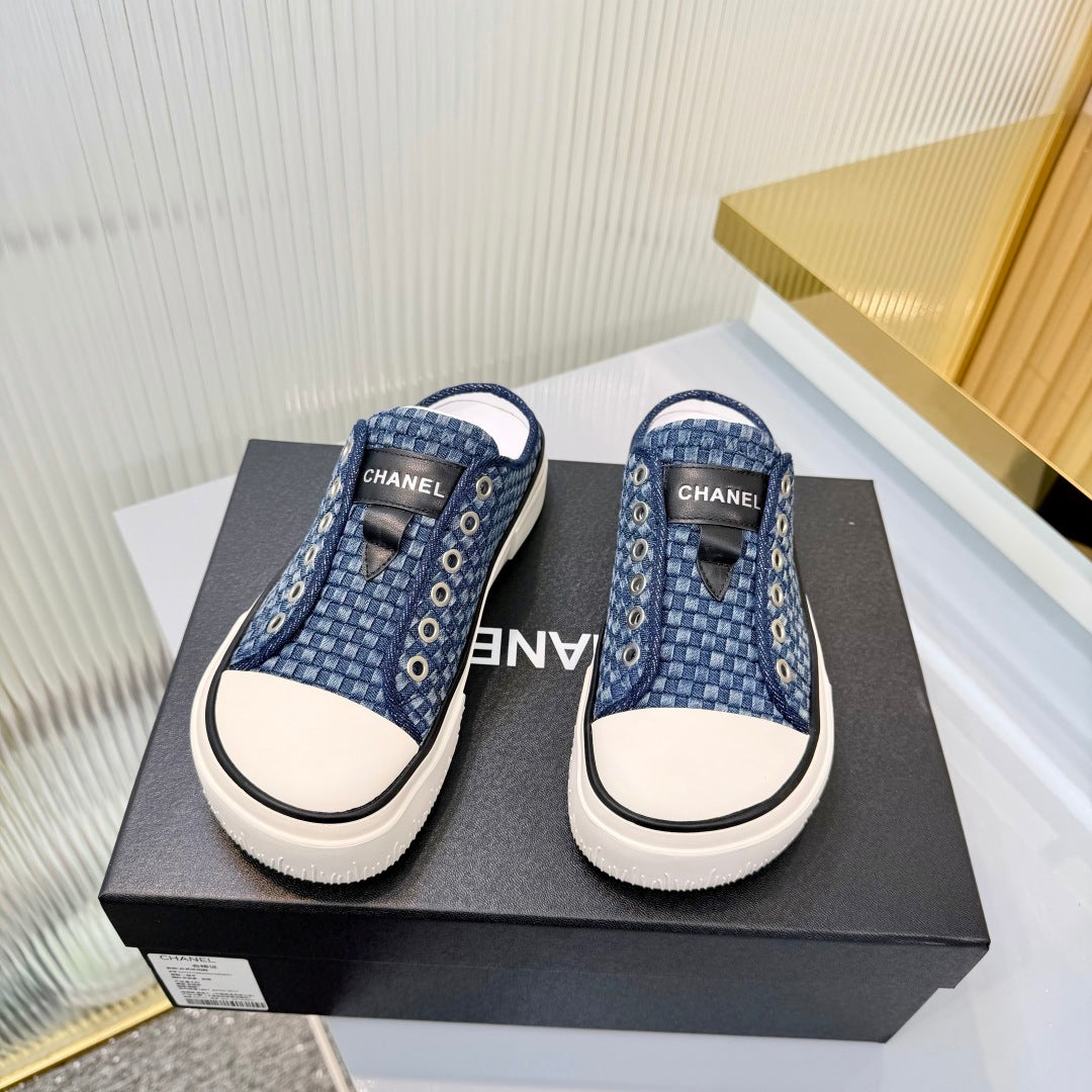 CHANEL 26S MULE SNEAKERS IN NAVY BLUE CHECKERED WOVEN DENIM FABRIC