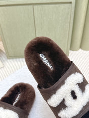 CHANEL 25S FUR SLIPPERS DOUBLE-LAYERED IN DARK BROWN WITH WHITE CC LOGO