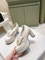 CHANEL 25S HIGH-HEELED MOCCASINS 80MM IN WHITE CALFSKIN GOLD HARDWARE