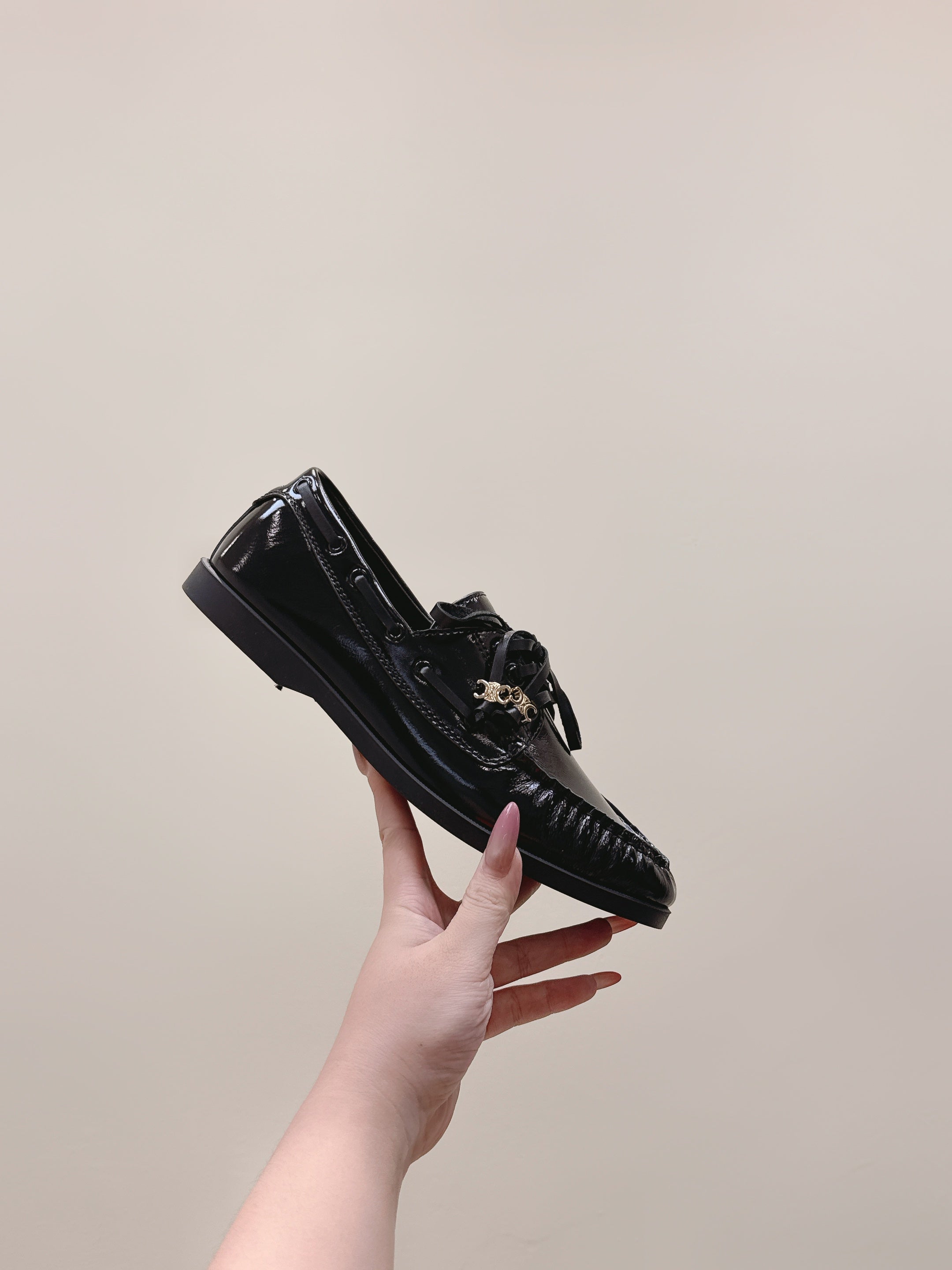 CELINE 26S LACE-UP LOAFERS IN BLACK GLOSSY CALFSKIN