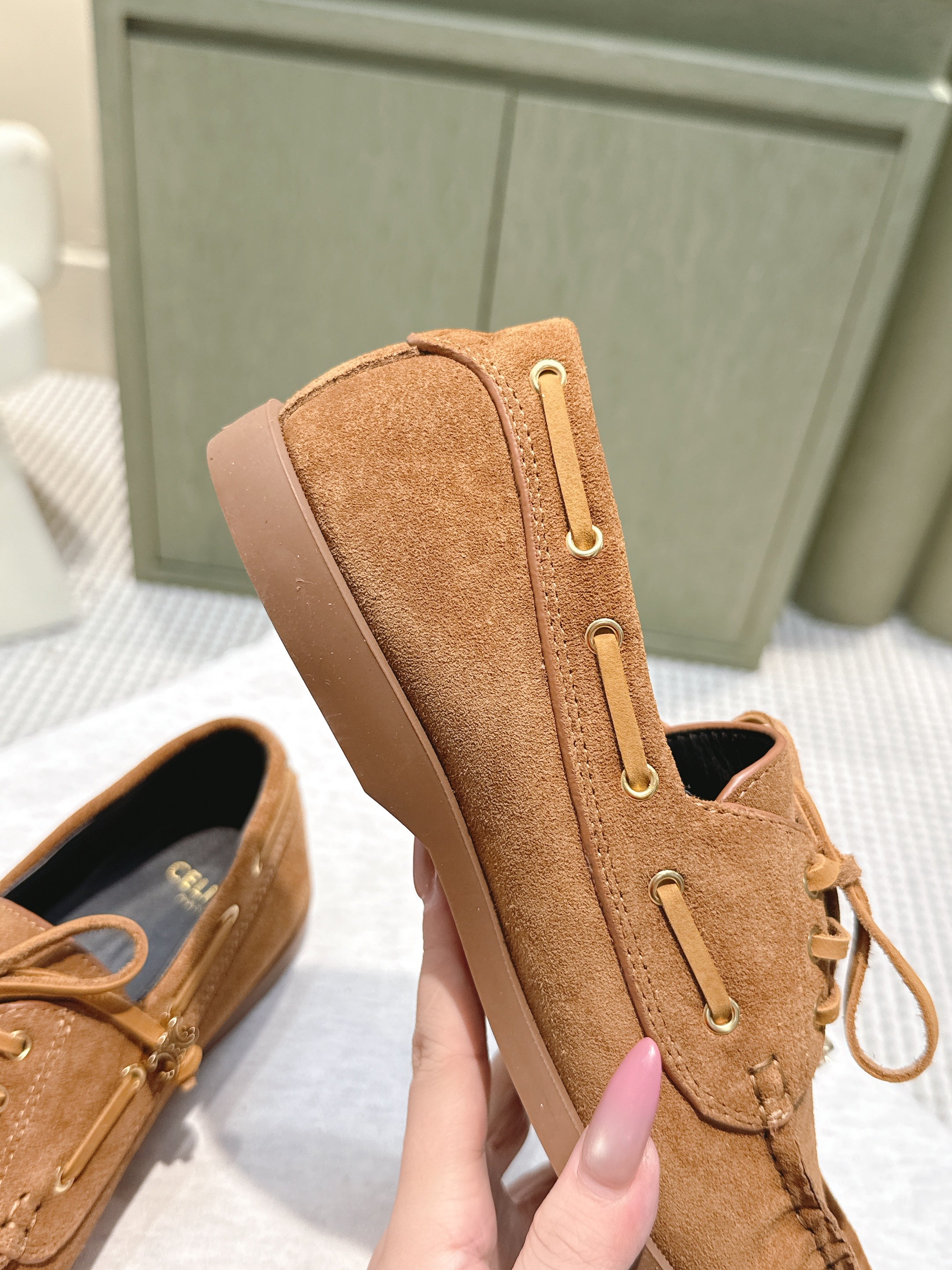 CELINE 26S LACE-UP LOAFERS IN BROWN SUEDE
