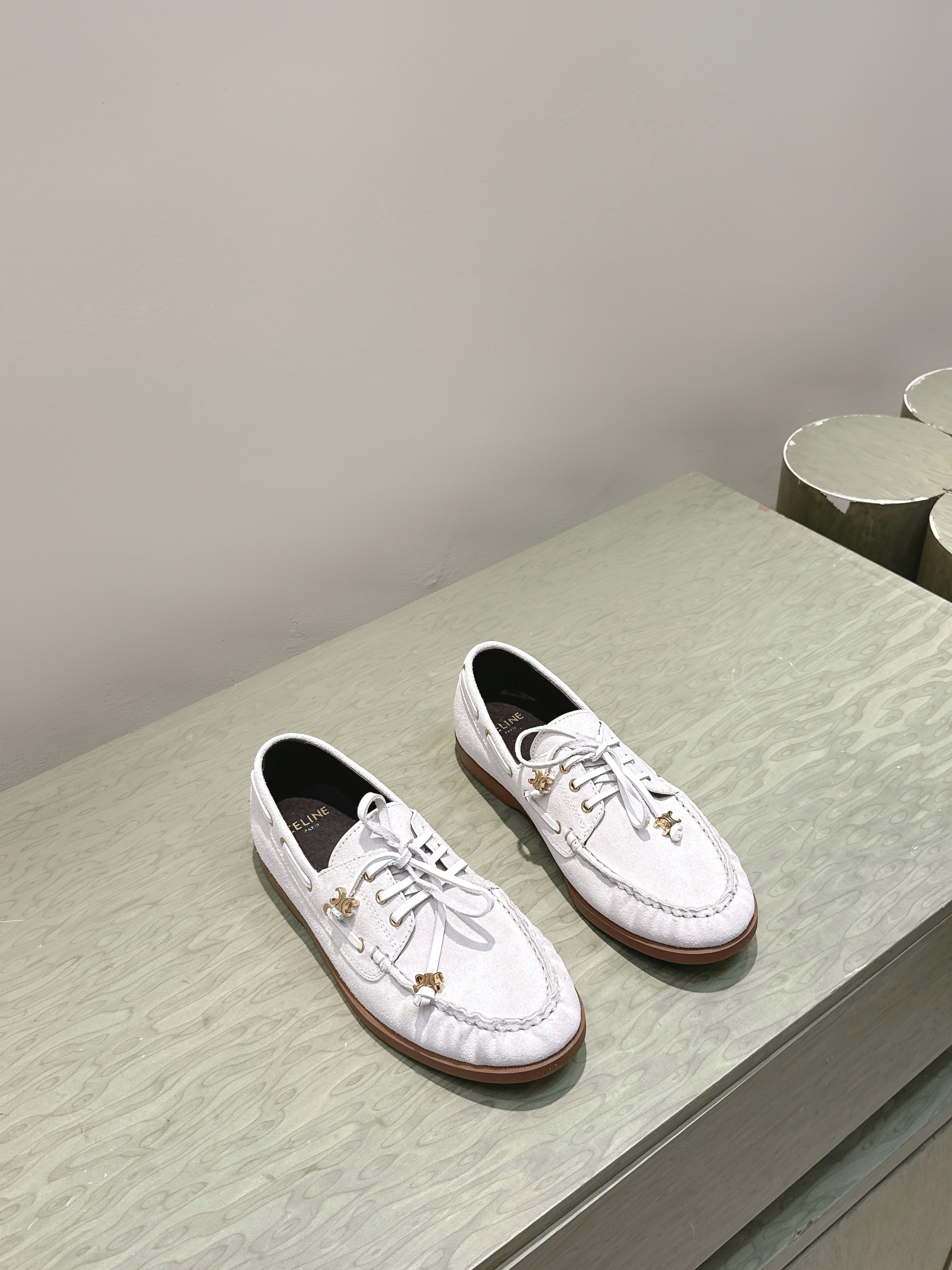 CELINE 26S LACE-UP LOAFERS IN OFF-WHITE BEIGE SUEDE