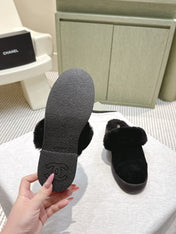 CHANEL 25S FUR-LINED MULES IN BLACK SUEDE