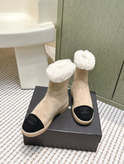 CHANEL 25S CALF-HIGH BOOTS IN BLACK AND BEIGE SUEDE LINED WITH SHEEPSKIN
