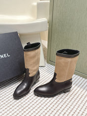 CHANEL 25S MID-CALF BOOTS IN TAN BROWN SUEDE MIX BLACK CALFSKIN