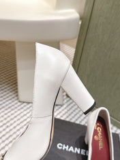 CHANEL 25S SQUARE-TOE HIGH HEELS 90MM IN WHITE AND BLACK CALFSKIN