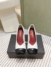 CHANEL 25S SQUARE-TOE HIGH HEELS 90MM IN WHITE AND BLACK CALFSKIN