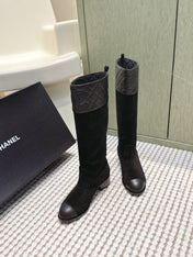 CHANEL 25S HIGH-CALF COWBOY BOOTS IN BLACK SUEDE AND CALFSKIN DIAMOND-QUILTED