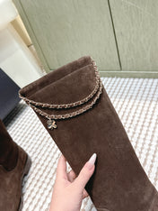 CHANEL 25S KNEE-HIGH BOOTS IN DARK BROWN SUEDE GOLD HARDWARE